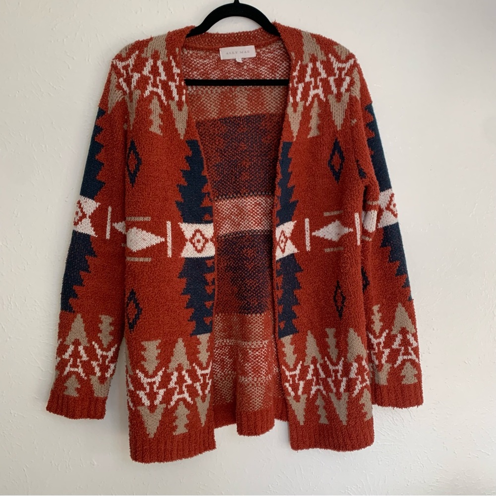 Ally Mae Southwestern Tribal Western Aztec Rust Open Front Cardigan Boho Summer